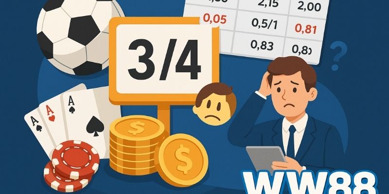 Kèo chấp 3/4 dễ nhớ: cược 1 triệu, thắng nửa nhận 1.5 triệu, thắng đủ nhận 2 triệu.